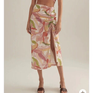 Ownley Floral Print High Slit Midi Skirt Size S